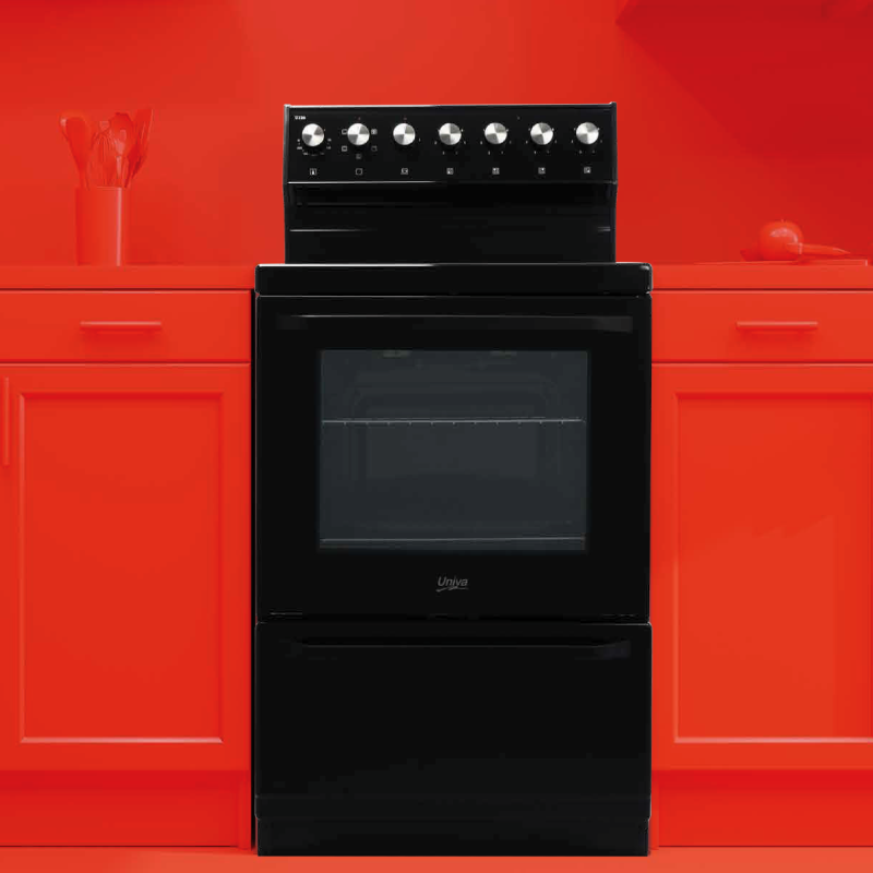 univa cable stove, 4 vitroceramic plates, rear control panel, warmer drawer, black