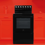 univa cable stove, 4 vitroceramic plates, rear control panel, warmer drawer, black