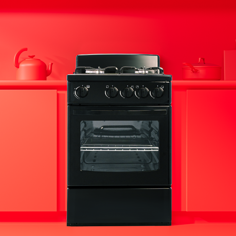 univa 4 burner gas stove with 58lt gas oven, ffd, black, 500mm (regulator & hose included)