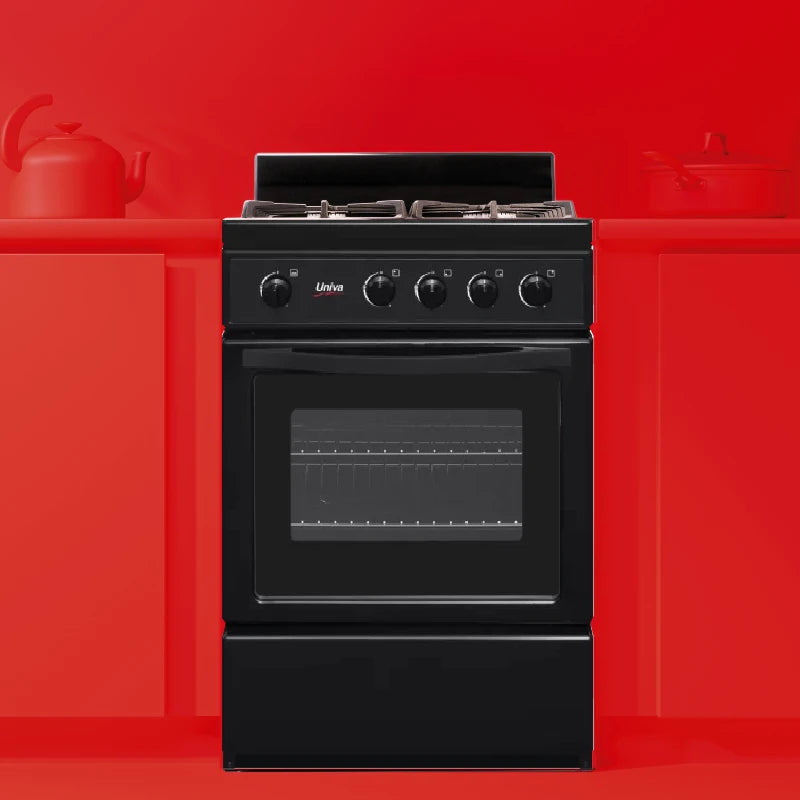 univa 4 burner gas stove with gas oven, ffd, cast iron grids, battery ignition, black, 600mm (regulator & hose included)