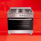 univa 4 burner gas + 2 solid plate stove with electric oven, ffd, cast iron grids, auto ignition, st/st, 900mm