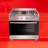 univa 5 burner gas stove with electric oven, ffd, cast iron grids, auto ignition, st/st, 900mm