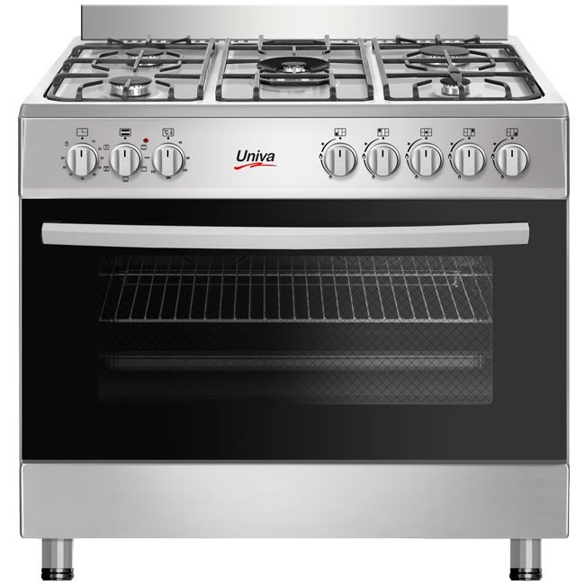 univa 5 burner gas stove with gas oven, ffd cast iron grids, manual ignition, st/st, 900mm