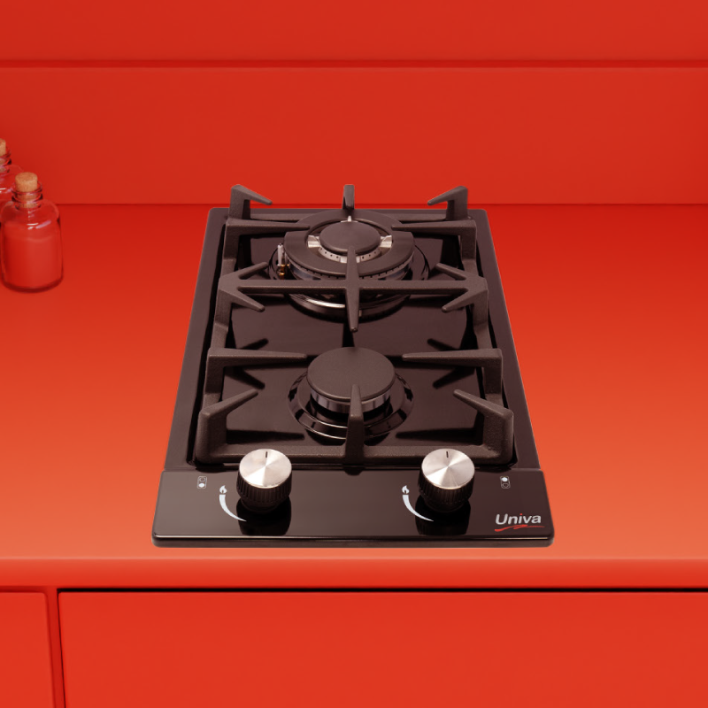 univa 2 burner gas hob, ffd, cast iron grids, wok, black