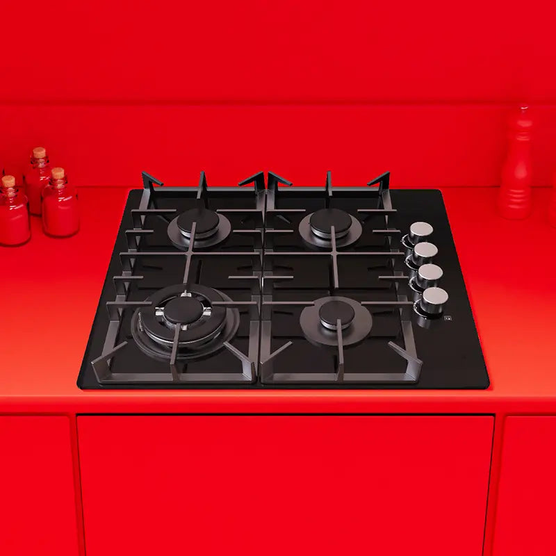 univa 4 burner gas on glass hob, ffd, cast iron grids, battery ignition, black 600mm