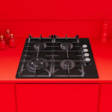 univa 4 burner gas on glass hob, ffd, cast iron grids, battery ignition, black 600mm