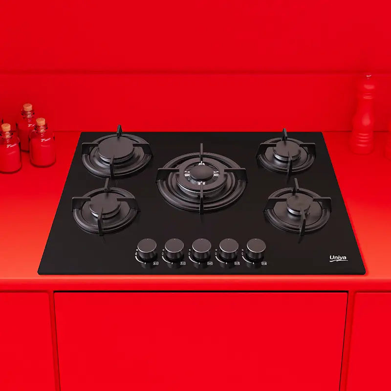 univa 5 burner gas on glass hob, ffd, cast iron grids, battery ignition, black 700mm