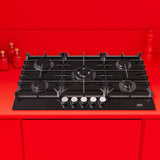 univa 5 burner gas on glass hob, ffd, cast iron grids, battery ignition, black 900mm