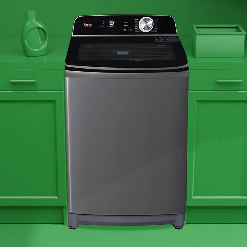 univa 16kg executive top load washing machine, rear controlled, double inlet, soft closing lid, graphite grey
